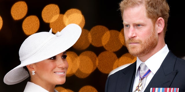 Meghan, Duchess of Sussex, and Prince Harry, Duke of Sussex, attend a national service of thanksgiving to celebrate the Platinum Jubilee of Queen Elizabeth II at St Paul's Cathedral June 3, 2022, in London.