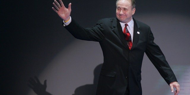 Michael Reagan walks on stage to speak about his father, Ronald Reagan, during the Republican National Convention, Sept. 1, 2004, at Madison Square Garden in New York City.