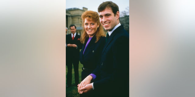 Prince Andrew and Sarah Ferguson appear at Buckingham Palace after the announcement of their engagement in 1986.
