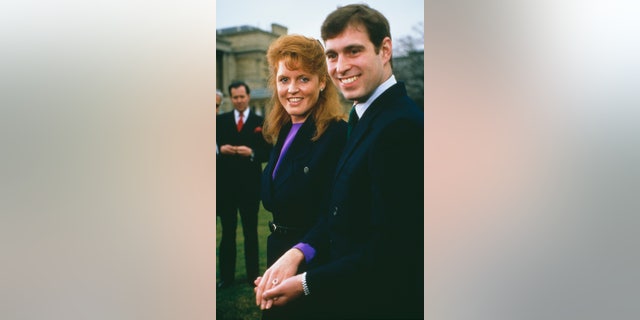Prince Andrew with Sarah Ferguson at Buckingham Palace after the announcement of their engagement in London March 1986.