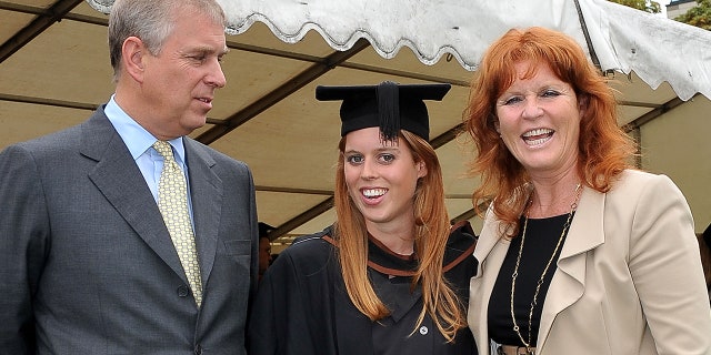 Prince Andrew, The Duke York; Sarah, Duchess of York, right; and their daughter, Princess Beatrice, following her graduation ceremony at Goldsmiths College Sept. 9, 2011, in London.