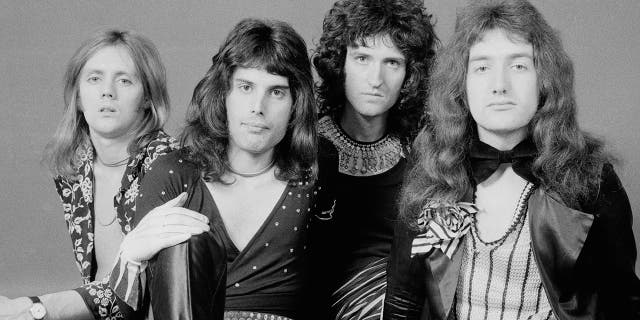 British rock band Queen, London, 1973, from left, drummer Roger Taylor, singer Freddie Mercury, guitarist Brian May and bassist John Deacon.