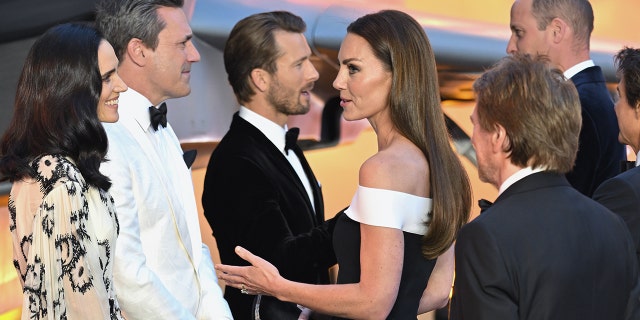 Jennifer Connelly; Jon Hamm; Glen Powell; Catherine, Duchess of Cambridge; and Prince William, Duke of Cambridge, attend the royal performance of "Top Gun: Maverick" at Leicester Square May 19, 2022, in London. 