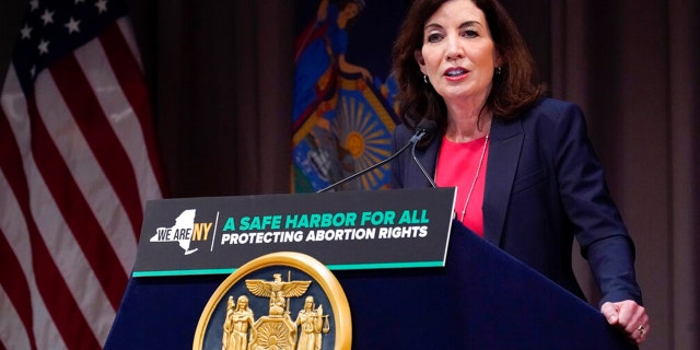 Gov. Kathy Hochul speaks during a ceremony to protect abortion.