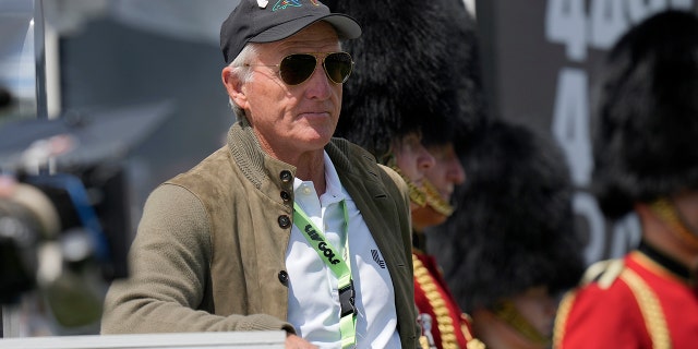 LIV Golf CEO Greg Norman stands on a tee box during the final round of the inaugural LIV Golf Invitational at the Centurion Club in St. Albans, England, June 11, 2022.