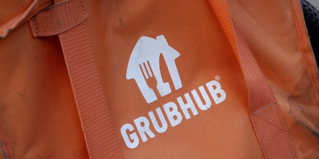 A Grubhub delivery bag is seen on a bicycle in Brooklyn, New York City, May 9, 2022.