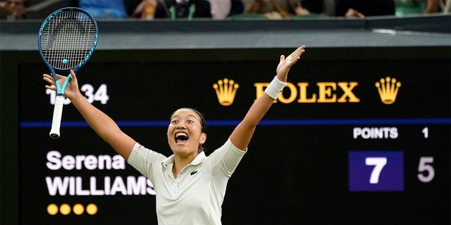France's Harmony Tan celebrates after beating Serena Williams of the US in a first round women's singles match on day two of the Wimbledon tennis championships in London, Tuesday, June 28, 2022. 