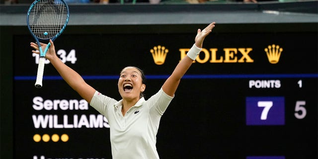 France's Harmony Tan celebrates after beating Serena Williams of the US in a first round women's singles match on day two of the Wimbledon tennis championships in London, Tuesday, June 28, 2022.