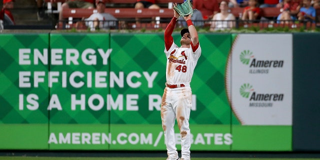 Cardinals center fielder Harrison Bader catches a fly ball hit by Pittsburgh Pirates' Hoy Park during the eighth inning in the second game of a doubleheader Tuesday, June 14, 2022, in St. Louis.