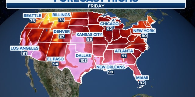 Forecast high temperatures in the U.S. on Friday