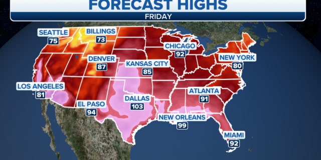 Forecast high temperatures in the U.S. on Friday