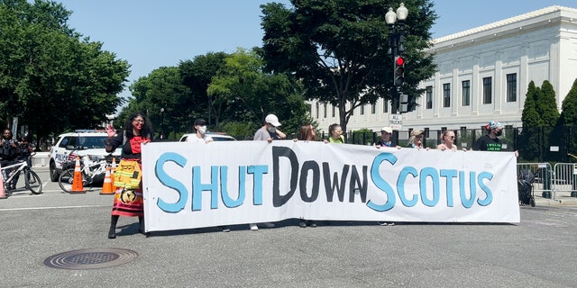 Activists hold up a "Shut down SCOTUS" sign near the Supreme Court during a protest in June.