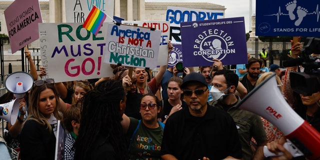Demonstrators outside the Supreme Court on June 21, 2022, ahead of possible announcement on Dobbs v. Jackson