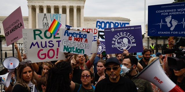 Demonstrators outside the Supreme Court on June 21, 2022, ahead of possible announcement on Dobbs v. Jackson