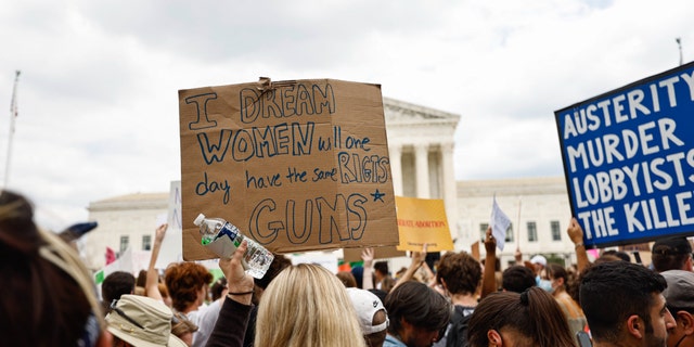 Protesters in front of the Supreme Court, one holding a sign reading, "I dream women will one day have the same rights as guns."