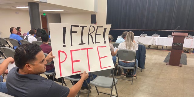 FILE - Uvalde residents demand school police chief Pete Arredondo be fired after the tragic shooting that left 19 of the town's children, and two adults, dead.