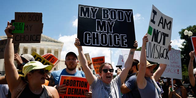 Protesters stand in front of the Supreme Court building with pro-choice signs.