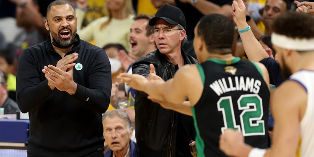 Head coach Ime Udoka of the Boston Celtics reacts to a foul call on Grant Williams, #12, during the third quarter against the Golden State Warriors in Game Five of the 2022 NBA Finals at Chase Center on June 13, 2022 in San Francisco, California.