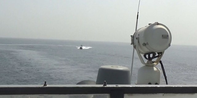 A video screenshot of Iran’s Islamic Revolutionary Guard Corps Navy (IRGCN) operating in an unsafe and unprofessional manner in close proximity to patrol coastal ship USS Sirocco (PC 6) and expeditionary fast transport USNS Choctaw County (T-EPF 2) in the Strait of Hormuz, June 20, 2022.