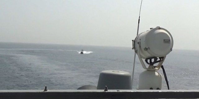 A video screenshot of Iran’s Islamic Revolutionary Guard Corps Navy (IRGCN) operating in an unsafe and unprofessional manner in close proximity to patrol coastal ship USS Sirocco (PC 6) and expeditionary fast transport USNS Choctaw County (T-EPF 2) in the Strait of Hormuz, June 20, 2022.