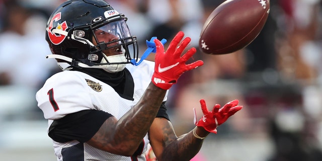 Isaiah Zuber of the Houston Gamblers catches the ball in the fourth quarter of a game against the Birmingham Stallions at Protective Stadium June 11, 2022, in Birmingham, Ala.