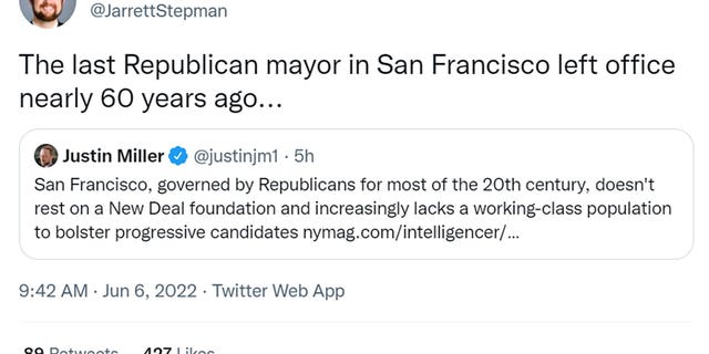 Jarrett Stepman tweeted "The last Republican mayor in San Francisco left office nearly 60 years ago..." 
