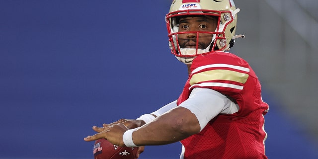 J'Mar Smith of the Birmingham Stallions passes the ball in the fourth quarter of a game against the Houston Gamblers at Protective Stadium June 11, 2022, in Birmingham, Ala.