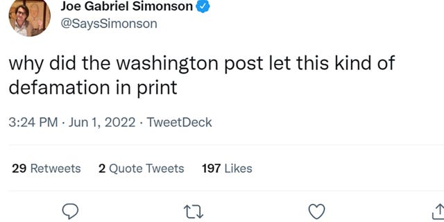Depp-Heard davası: Toplumsal medya nihai karar üstüne patladı 3 Joe Gabriel Simonson tweet attı "Washington Post neden bu tür bir iftiraya izin verdi?"