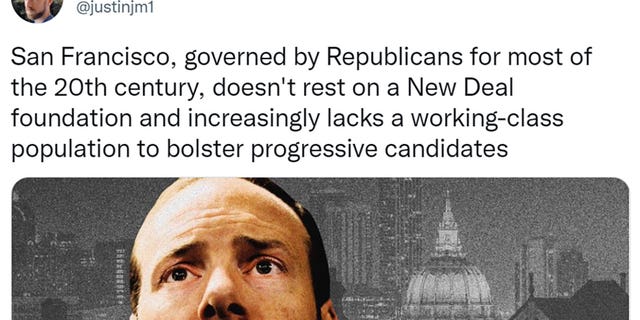 Justin Miller tweeted "San Francisco, governed by Republicans for most of the 20th century, doesn't rest on a New Deal foundation and increasingly lacks a working-class population to bolster progressive candidates."