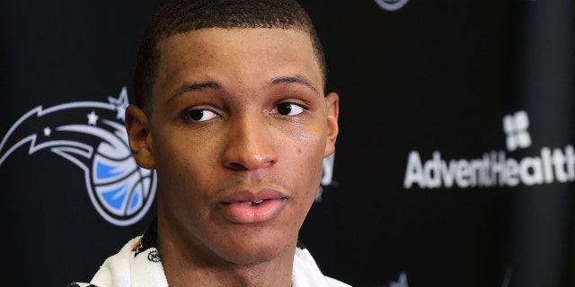 Former Auburn player Jabari Smith talks to the media following a pre-draft workout with the Orlando Magic at Amway Center June 9, 2022. 