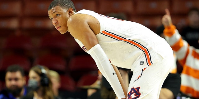 Jabari Smith of the Auburn Tigers reacts in the final seconds of the second half against the Miami Hurricanes during the second round of the 2022 NCAA Tournament at Bon Secours Wellness Arena on March 20, 2022 in Greenville, SC.