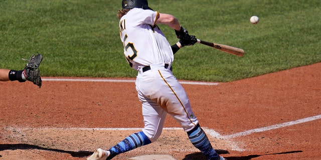 Pittsburgh Pirates' Jack Suwinski hits a walk-off solo home run off San Francisco Giants relief pitcher Tyler Rogers during the ninth inning of a baseball game in Pittsburgh, Sunday, June 19, 2022. It was Suwinski's third solo home run of the game. 