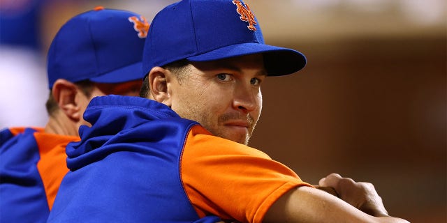 Jacob deGrom #48 of the New York Mets in the dugout during a game against the Milwaukee Brewers at Citi Field on June 14, 2022 in New York City. The Mets defeated the Brewers 4-0. 