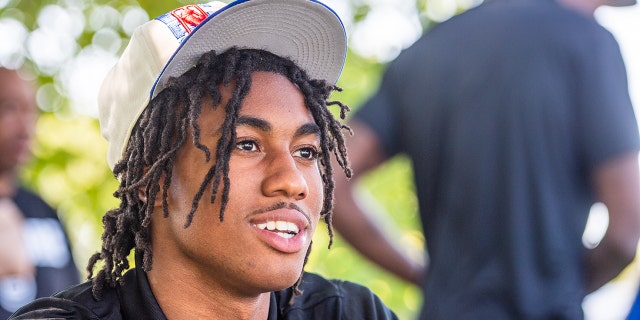 Detroit Pistons draft pick Jaden Ivey looks on during the Detroit Pistons Draft Press Conference at Rouge Park on June 24, 2022 in Detroit, Michigan.