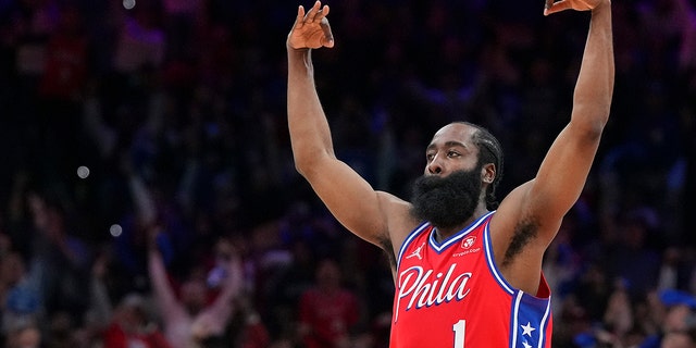 James Harden #1 of the Philadelphia 76ers reacts against the Miami Heat during Game Four of the 2022 NBA Playoffs Eastern Conference Semifinals at the Wells Fargo Center on May 8, 2022 in Philadelphia, Pennsylvania. The 76ers defeated the Heat 116-108.