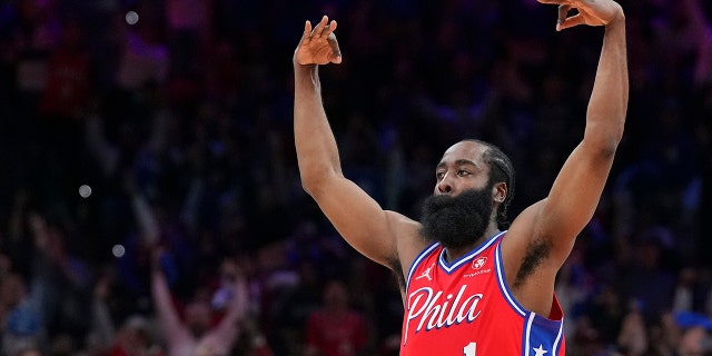 James Harden #1 of the Philadelphia 76ers reacts against the Miami Heat during Game Four of the 2022 NBA Playoffs Eastern Conference Semifinals at the Wells Fargo Center on May 8, 2022 in Philadelphia, Pennsylvania. The 76ers defeated the Heat 116-108.