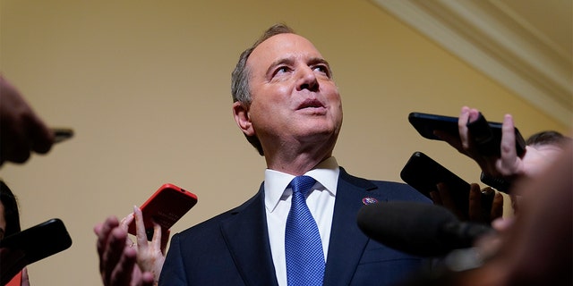 Rep. Adam Schiff speaks to reporters after hearings at the Capitol on June 21, 2022.