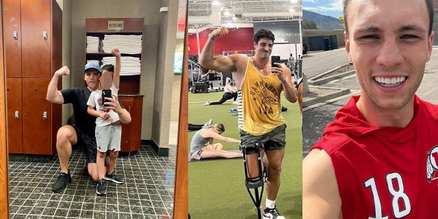 A photo combination of former LA Ram Braden Brown, former San Francisco 49er Corbin Kaufusi and Philadelphia Eagle Britain Covey, who dedicated their workouts Wednesday in honor of Jared Bridegan.