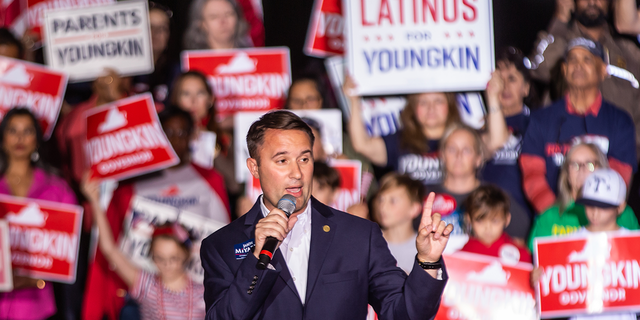 Virginia Republican Attorney General candidate Jason Miyares speaks during a rally in support of Republican gubernatorial candidate Glenn Youngkin.