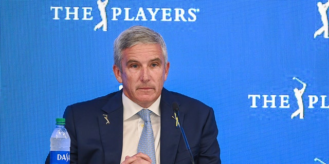 Jay Monahan, Commissioner of the PGA TOUR, speaks at a press conference during practice for THE PLAYERS Championship on the Stadium Course at TPC Sawgrass on March 8, 2022, in Ponte Vedra Beach, Florida.