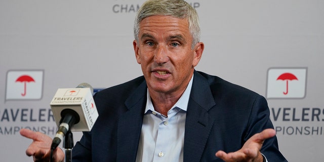 PGA TOUR Commissioner Jay Monahan speaks at a press conference ahead of the start of the Travelers Championship golf tournament at TPC River Highlands in Cromwell, Connecticut, Wednesday, June 22, 2022.
