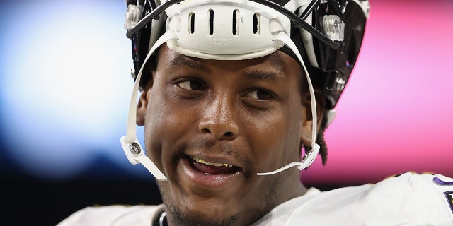 Linebacker Jaron Ferguson (# 45 from the Baltimore Ravens) was on the sidelines during an NFL match at the Allegiant Stadium on September 13, 2021 in Las Vegas, Nevada. Raiders defeated Ravens 33-27 in overtime.