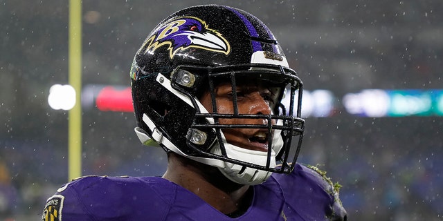 Jaylon Ferguson, #45 of the Baltimore Ravens, looks on during the second half of the game against the Pittsburgh Steelers at M&amp;T Bank Stadium on December 29, 2019 in Baltimore, Maryland.