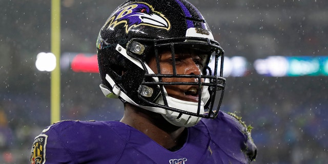 Jaylon Ferguson, #45 of the Baltimore Ravens, looks on during the second half of the game against the Pittsburgh Steelers at M&amp;T Bank Stadium on December 29, 2019 in Baltimore, Maryland.