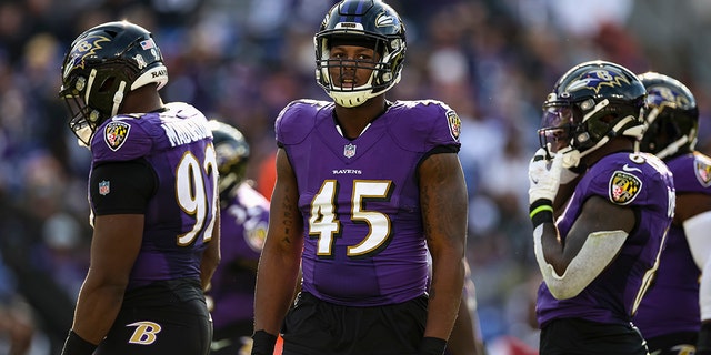 Jaylon Ferguson (45) of the Baltimore Ravens looks on during the first half at M and T Bank Stadium Nov. 7, 2021, in Baltimore. 