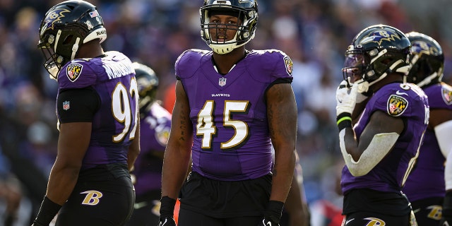 Jaylon Ferguson (45) of the Baltimore Ravens looks on during the first half at M and T Bank Stadium Nov. 7, 2021, in Baltimore. 