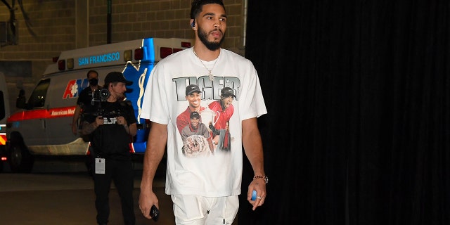Jayson Tatum #0 of the Boston Celtics arrives to the arena prior to the game against the Golden State Warriors during Game Five of the 2022 NBA Finals on June 13, 2022 at Chase Center in San Francisco, California.