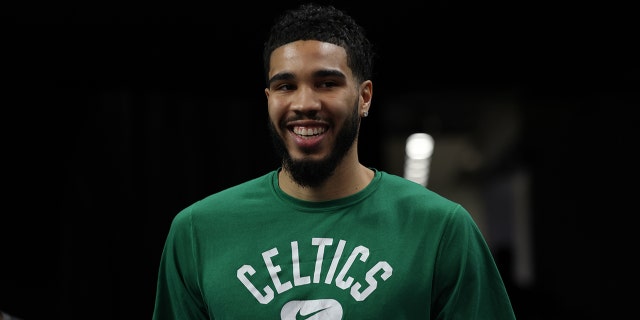 Jayson Tatum #0 of the Boston Celtics looks on during practice and media availability as part of the 2022 NBA Finals on June 12, 2022 at Chase Center in San Francisco, California.