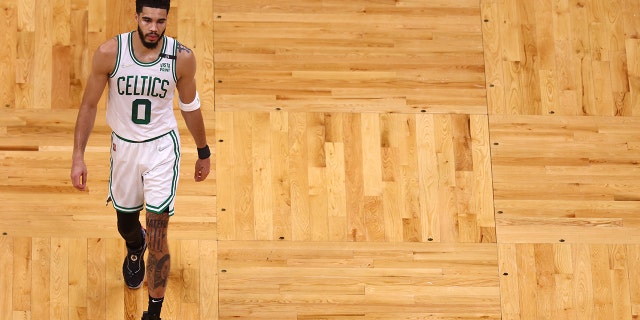 Jayson Tatum #0 of the Boston Celtics reacts against the Golden State Warriors during the second quarter in Game Six of the 2022 NBA Finals at TD Garden on June 16, 2022 in Boston, Massachusetts.