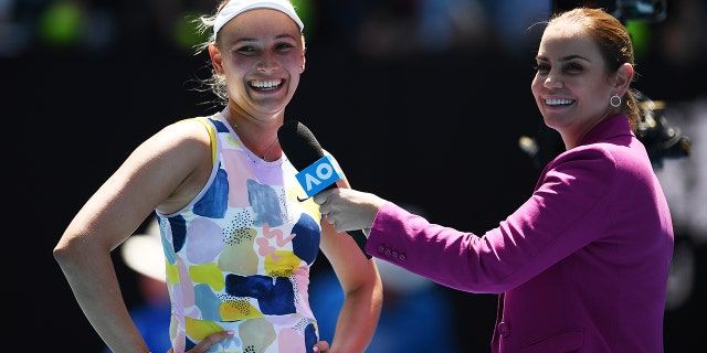 Donna Vekic of Croatia is interviewed by Jelena Dokic after winning her Women's Singles first round match against Maria Sharapova of Russia on day two of the 2020 Australian Open at Melbourne Park on January 21, 2020 in Melbourne, Australia.